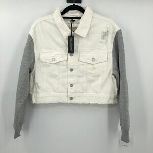 Blank NYC White Gray Button Distressed Final Mission Crop Denim Trucker Jacket